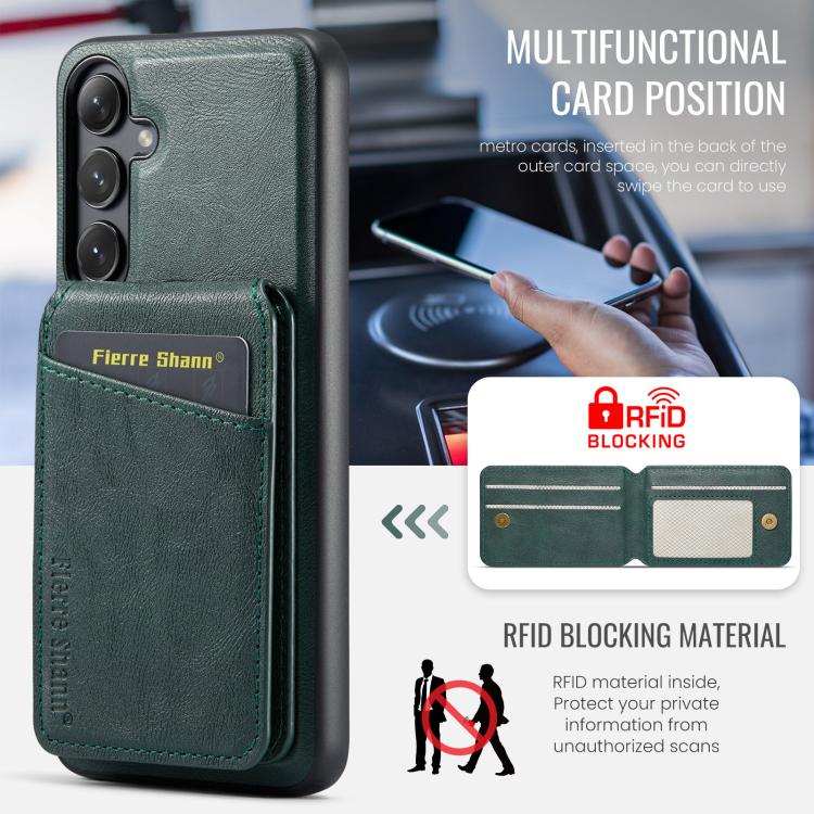 For Samsung Galaxy S25+ 5G Fierre Shann Cowhide Vertical Flip Magnetic Card Holder Phone Case(Green) - Galaxy S25+ 5G Cases by FIERRE SHANN | Online Shopping UK | buy2fix