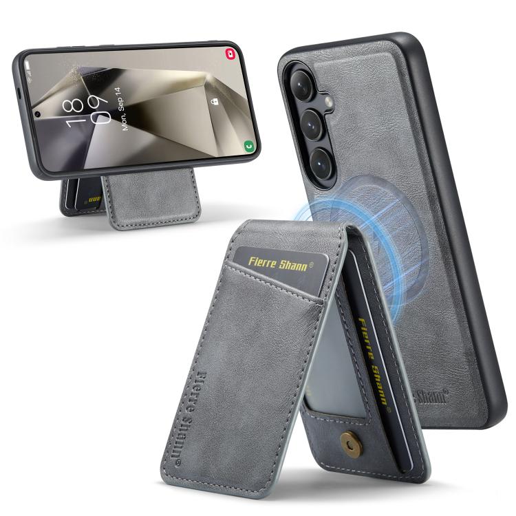 For Samsung Galaxy S25+ 5G Fierre Shann Cowhide Vertical Flip Magnetic Card Holder Phone Case(Grey) - Galaxy S25+ 5G Cases by FIERRE SHANN | Online Shopping UK | buy2fix