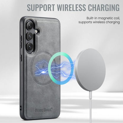 For Samsung Galaxy S25+ 5G Fierre Shann Cowhide Vertical Flip Magnetic Card Holder Phone Case(Grey) - Galaxy S25+ 5G Cases by FIERRE SHANN | Online Shopping UK | buy2fix