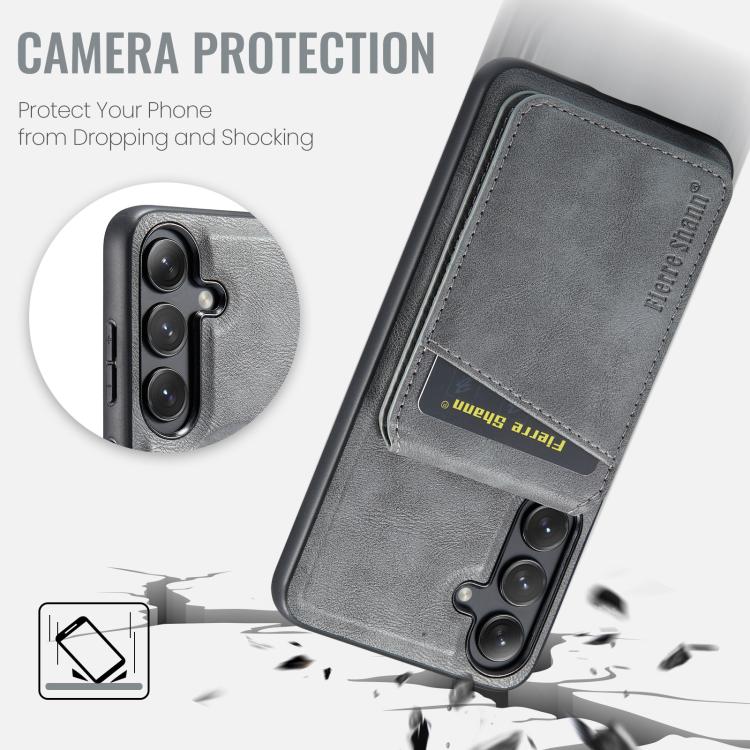 For Samsung Galaxy S25+ 5G Fierre Shann Cowhide Vertical Flip Magnetic Card Holder Phone Case(Grey) - Galaxy S25+ 5G Cases by FIERRE SHANN | Online Shopping UK | buy2fix