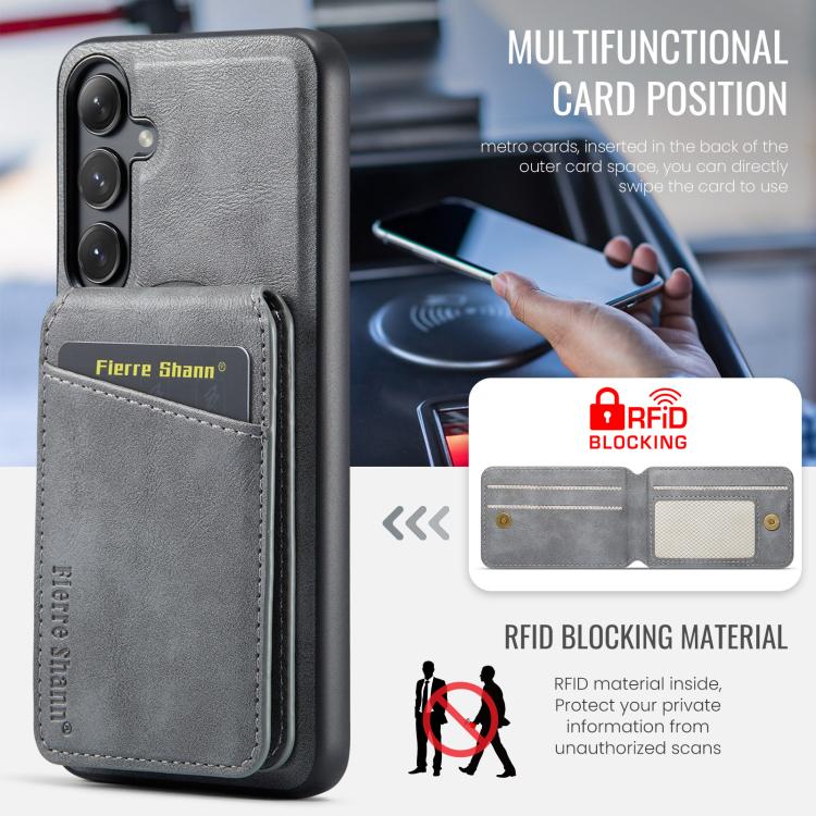 For Samsung Galaxy S25+ 5G Fierre Shann Cowhide Vertical Flip Magnetic Card Holder Phone Case(Grey) - Galaxy S25+ 5G Cases by FIERRE SHANN | Online Shopping UK | buy2fix