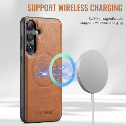 For Samsung Galaxy S24 FE 5G Fierre Shann Cowhide Vertical Flip Magnetic Card Holder Phone Case(Brown) - Galaxy S24 FE 5G Cases by FIERRE SHANN | Online Shopping UK | buy2fix