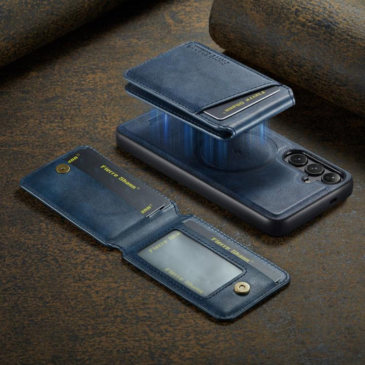 For Samsung Galaxy S24 FE 5G Fierre Shann Cowhide Vertical Flip Magnetic Card Holder Phone Case(Blue) - Galaxy S24 FE 5G Cases by FIERRE SHANN | Online Shopping UK | buy2fix