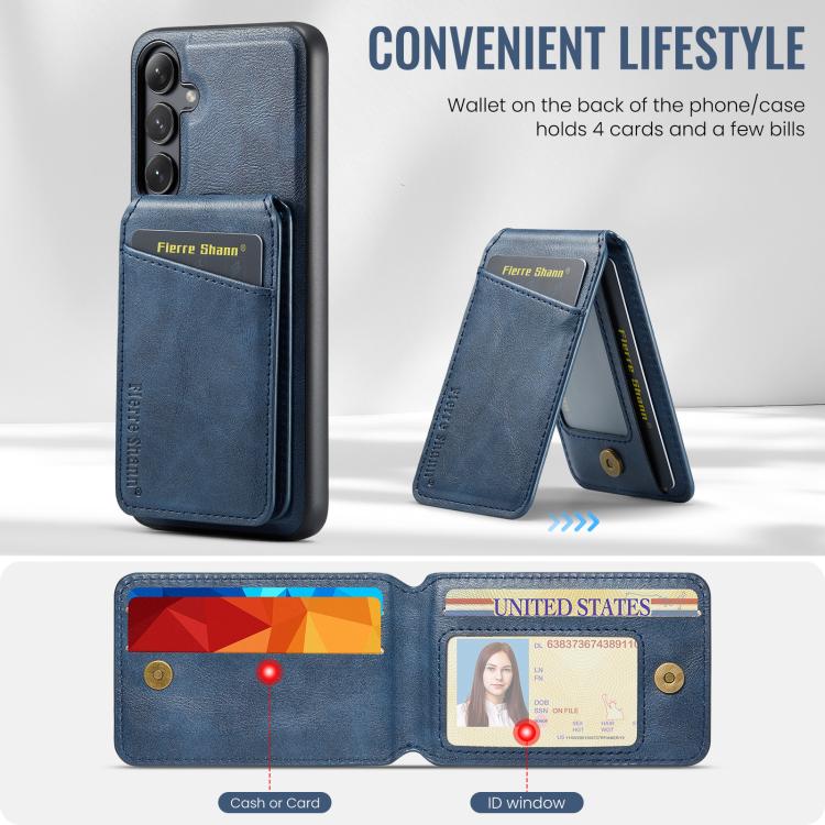 For Samsung Galaxy S24 FE 5G Fierre Shann Cowhide Vertical Flip Magnetic Card Holder Phone Case(Blue) - Galaxy S24 FE 5G Cases by FIERRE SHANN | Online Shopping UK | buy2fix