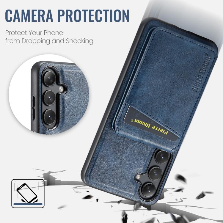 For Samsung Galaxy S24 FE 5G Fierre Shann Cowhide Vertical Flip Magnetic Card Holder Phone Case(Blue) - Galaxy S24 FE 5G Cases by FIERRE SHANN | Online Shopping UK | buy2fix