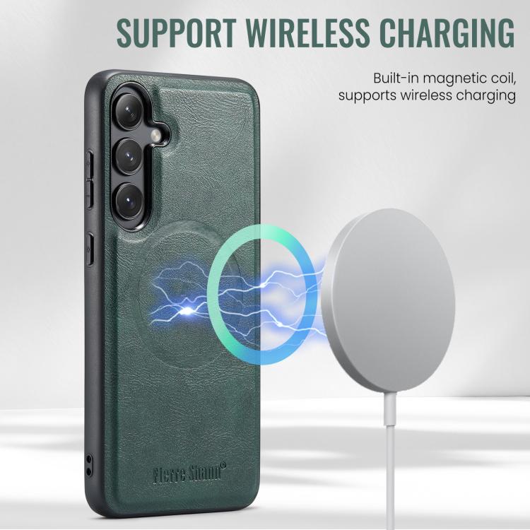 For Samsung Galaxy S24 FE 5G Fierre Shann Cowhide Vertical Flip Magnetic Card Holder Phone Case(Green) - Galaxy S24 FE 5G Cases by FIERRE SHANN | Online Shopping UK | buy2fix