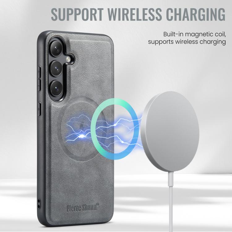 For Samsung Galaxy S24 FE 5G Fierre Shann Cowhide Vertical Flip Magnetic Card Holder Phone Case(Grey) - Galaxy S24 FE 5G Cases by FIERRE SHANN | Online Shopping UK | buy2fix