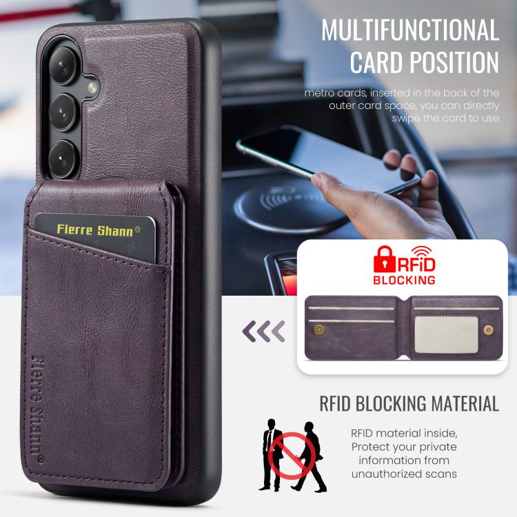 For Samsung Galaxy S24 FE 5G Fierre Shann Cowhide Vertical Flip Magnetic Card Holder Phone Case(Purple) - Galaxy S24 FE 5G Cases by FIERRE SHANN | Online Shopping UK | buy2fix