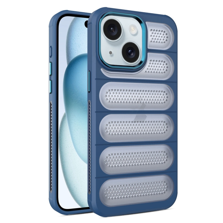 For iPhone 15 Plus Cooling Armor Translucent Mesh Breathable Phone Case(Blue) by buy2fix