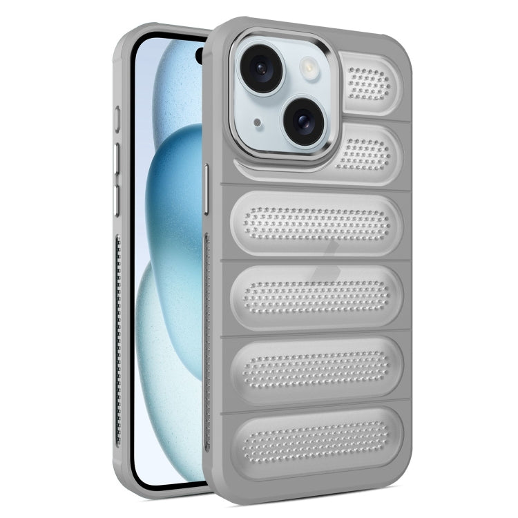 For iPhone 15 Plus Cooling Armor Translucent Mesh Breathable Phone Case(Grey) by buy2fix