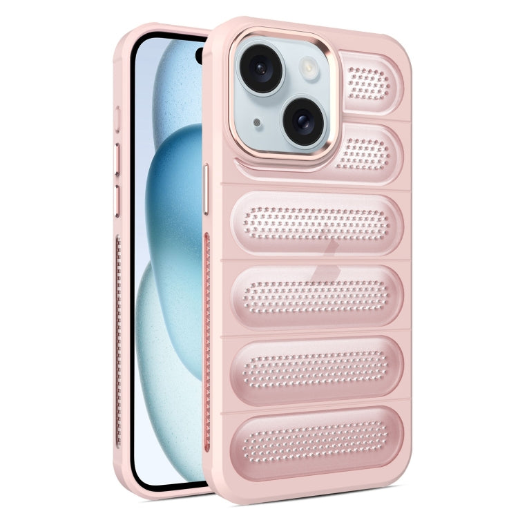 For iPhone 15 Cooling Armor Translucent Mesh Breathable Phone Case(Pink) by buy2fix