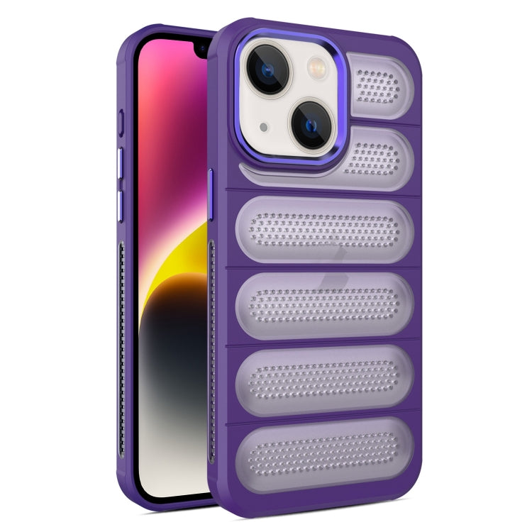 For iPhone 14 Plus Cooling Armor Translucent Mesh Breathable Phone Case(Purple) by buy2fix