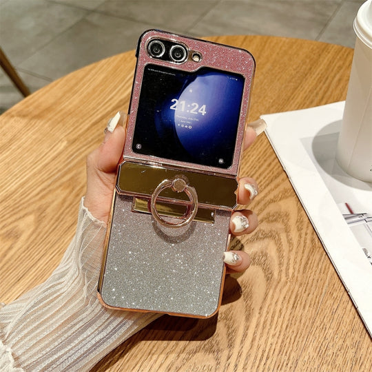 For Samsung Galaxy Z Flip6 / Flip7 FE Electroplated PC Starry Sky Glitter Shockproof Phone Case with Ring(Pink)
