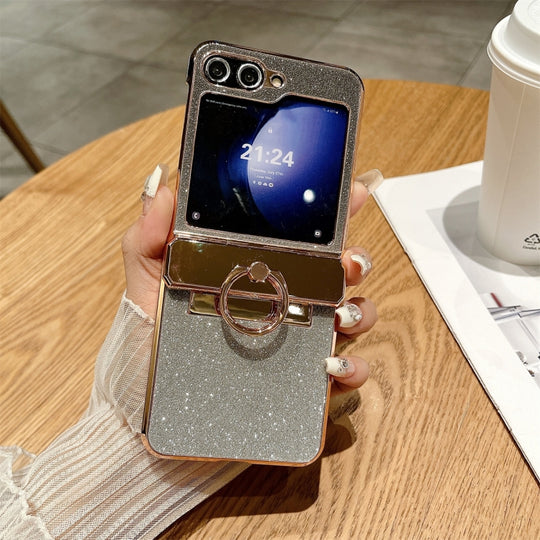 For Samsung Galaxy Z Flip6 / Flip7 FE Electroplated PC Starry Sky Glitter Shockproof Phone Case with Ring(Black)