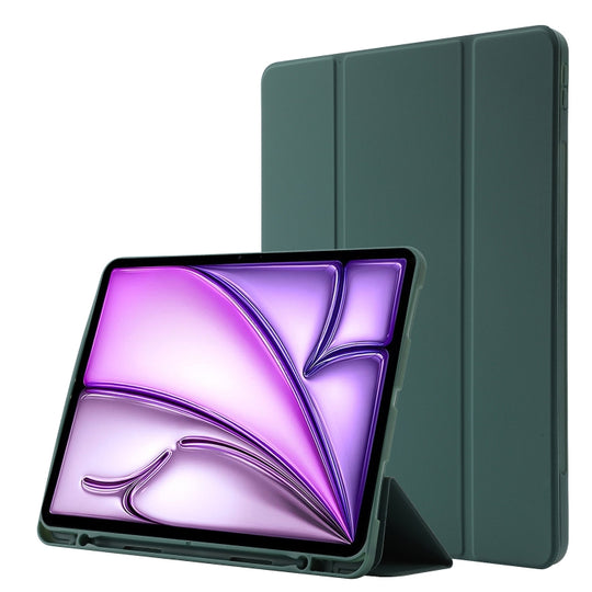 For iPad Air 13 2026 / 2025 / 2024 Skin Feel Tri-fold Leather Tablet Case with Pen Slot(Dark Green)