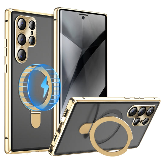 For Samsung Galaxy S24 Ultra 5G MagSafe Magnetic Privacy Frosted Tempered Glass Holder Phone Case(Gold) - Galaxy S24 Ultra 5G Cases by buy2fix | Online Shopping UK | buy2fix