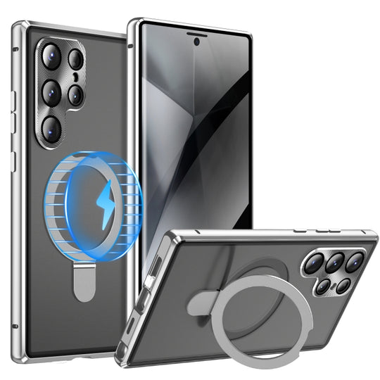 For Samsung Galaxy S23 Ultra 5G MagSafe Magnetic Privacy Frosted Tempered Glass Holder Phone Case(Silver)
