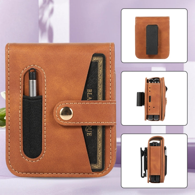 For Samsung Galaxy Z Flip5 5G PC Foldable Shockproof Leather Phone Case with Stylus(Brown) - Galaxy Z Flip5 Cases by buy2fix | Online Shopping UK | buy2fix