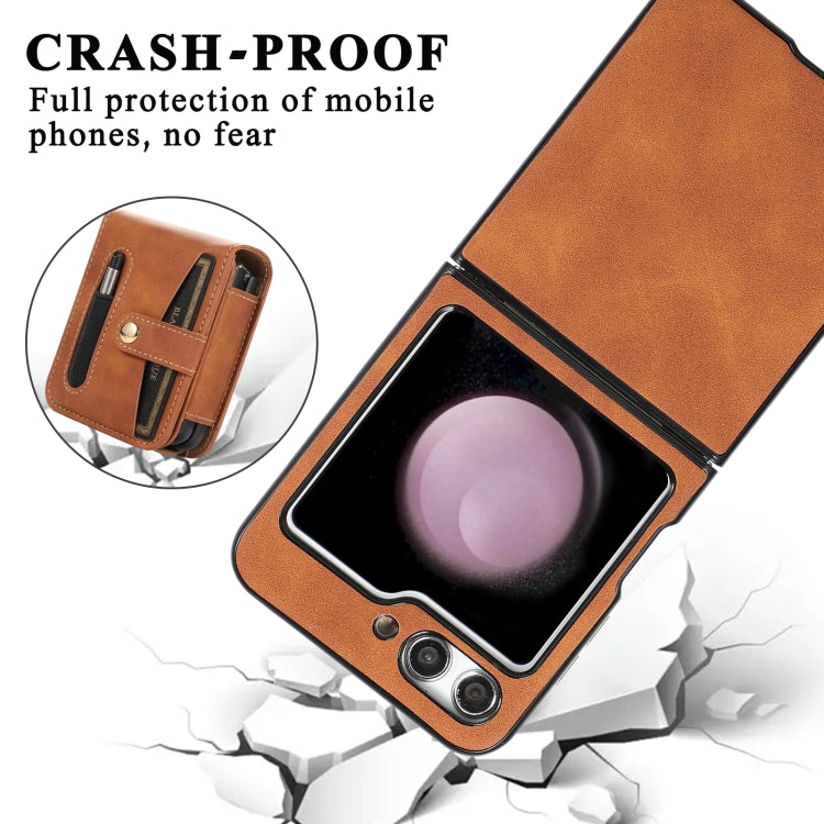 For Samsung Galaxy Z Flip5 5G PC Foldable Shockproof Leather Phone Case with Stylus(Brown) - Galaxy Z Flip5 Cases by buy2fix | Online Shopping UK | buy2fix