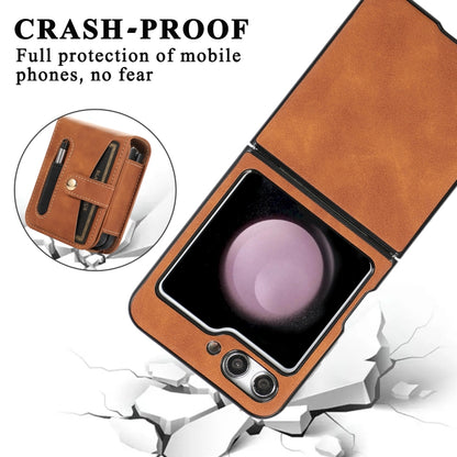 For Samsung Galaxy Z Flip5 5G PC Foldable Shockproof Leather Phone Case with Stylus(Brown) - Galaxy Z Flip5 Cases by buy2fix | Online Shopping UK | buy2fix
