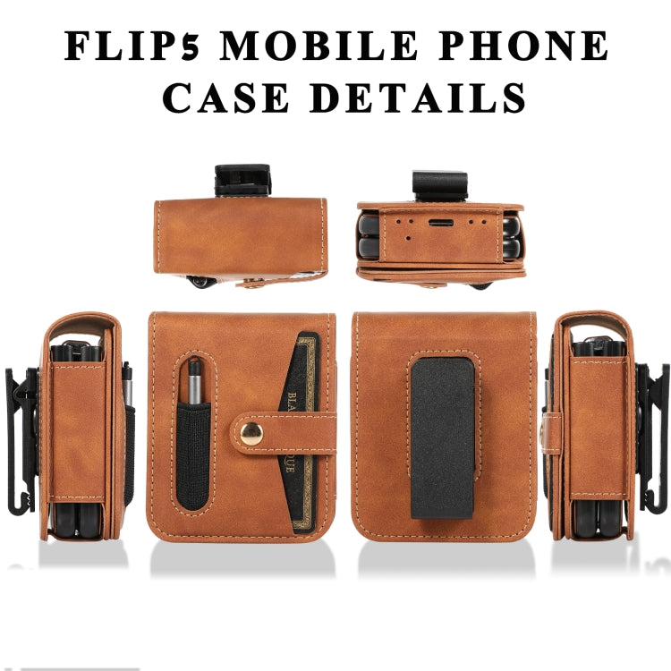 For Samsung Galaxy Z Flip5 5G PC Foldable Shockproof Leather Phone Case with Stylus(Brown) - Galaxy Z Flip5 Cases by buy2fix | Online Shopping UK | buy2fix