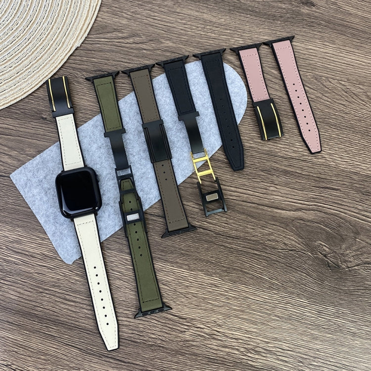 For Apple Watch Series 3 38mm Trapezoid Fold Magnetic Buckle Silicone PU Watch Band(Beige Gold) by buy2fix
