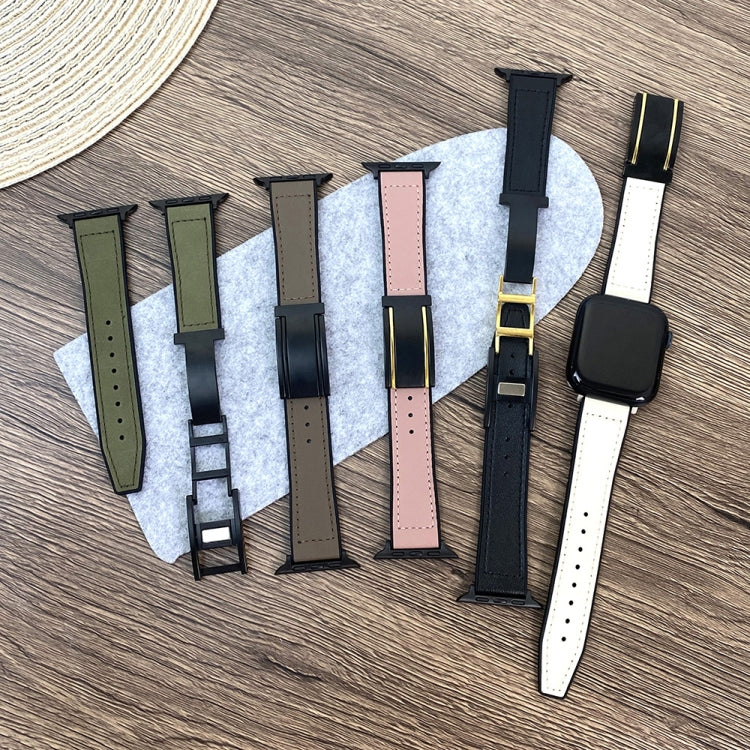 For Apple Watch Series 3 38mm Trapezoid Fold Magnetic Buckle Silicone PU Watch Band(Beige Gold) by buy2fix