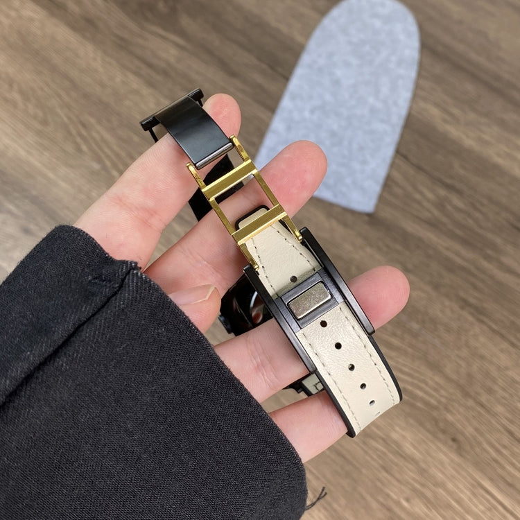 For Apple Watch Series 3 42mm Trapezoid Fold Magnetic Buckle Silicone PU Watch Band(Beige Gold) by buy2fix