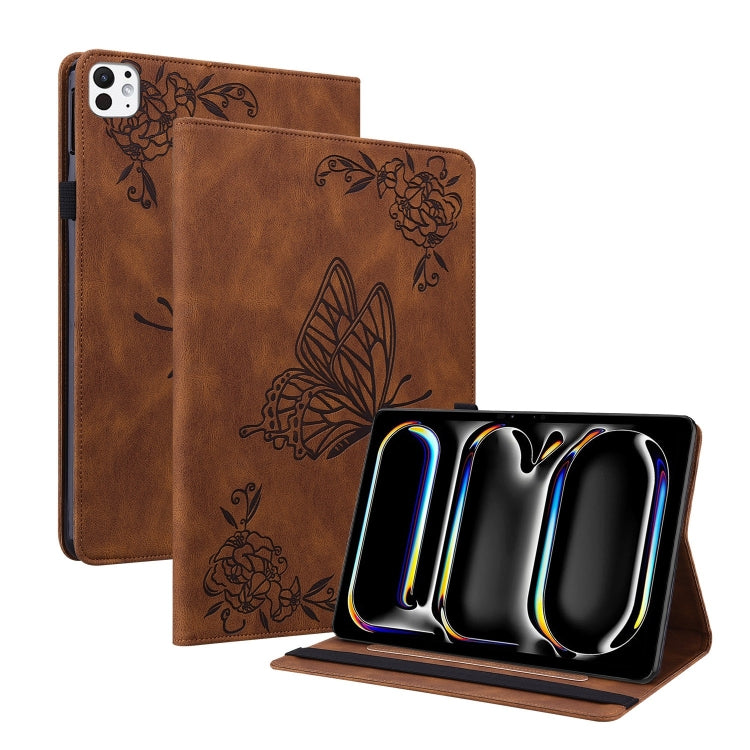 For iPad Pro 11 2024 Butterfly Flower Embossed Leather Tablet Case(Brown) - iPad Pro 11 2024 Cases by buy2fix | Online Shopping UK | buy2fix