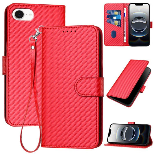 For iPhone 16e YX0070 Carbon Fiber Buckle Leather Phone Case with Lanyard(Red) by buy2fix