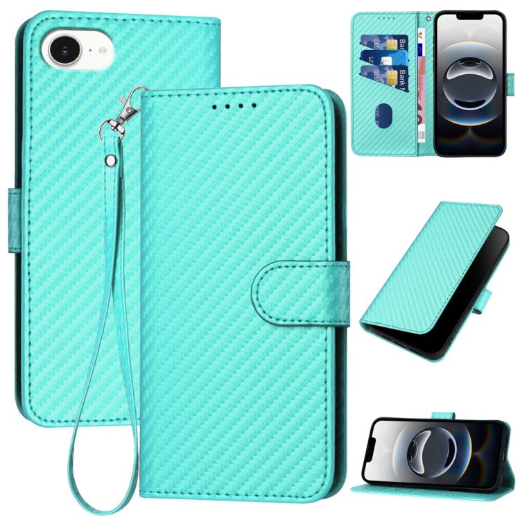 For iPhone 16e YX0070 Carbon Fiber Buckle Leather Phone Case with Lanyard(Light Blue) by buy2fix