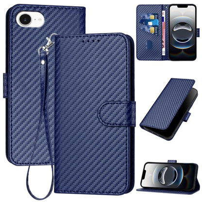 For iPhone 16e YX0070 Carbon Fiber Buckle Leather Phone Case with Lanyard(Royal Blue) by buy2fix