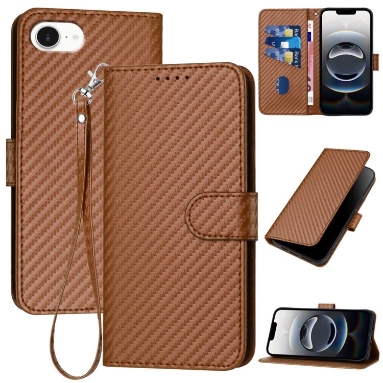 For iPhone 16e YX0070 Carbon Fiber Buckle Leather Phone Case with Lanyard(Coffee) by buy2fix