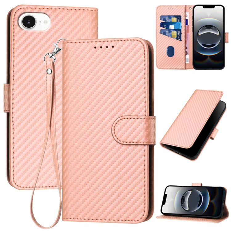 For iPhone 16e YX0070 Carbon Fiber Buckle Leather Phone Case with Lanyard(Pink) by buy2fix