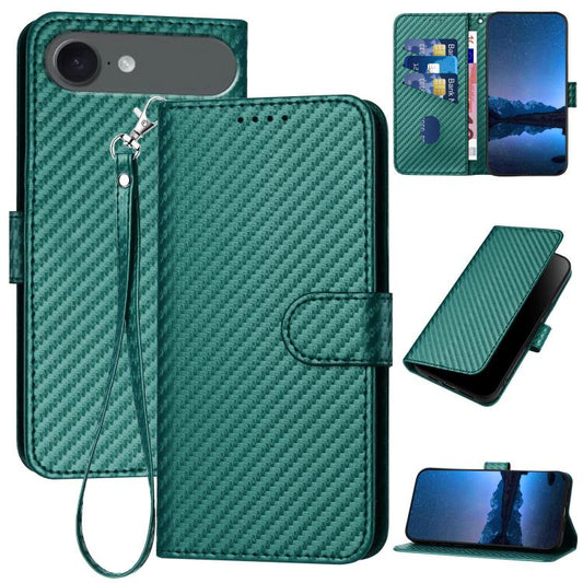For iPhone 17 Air YX0070 Carbon Fiber Buckle Leather Phone Case with Lanyard(Dark Green) - iPhone 17 Air Cases by buy2fix | Online Shopping UK | buy2fix