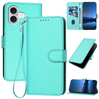 For iPhone 17 YX0070 Carbon Fiber Buckle Leather Phone Case with Lanyard(Light Blue) - iPhone 17 Cases by buy2fix | Online Shopping UK | buy2fix