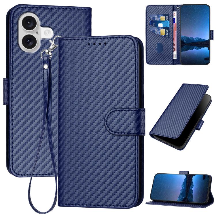 For iPhone 17 YX0070 Carbon Fiber Buckle Leather Phone Case with Lanyard(Royal Blue) - iPhone 17 Cases by buy2fix | Online Shopping UK | buy2fix