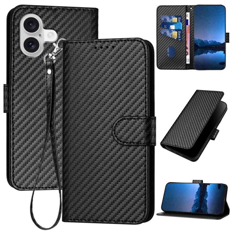 For iPhone 17 YX0070 Carbon Fiber Buckle Leather Phone Case with Lanyard(Black) - iPhone 17 Cases by buy2fix | Online Shopping UK | buy2fix