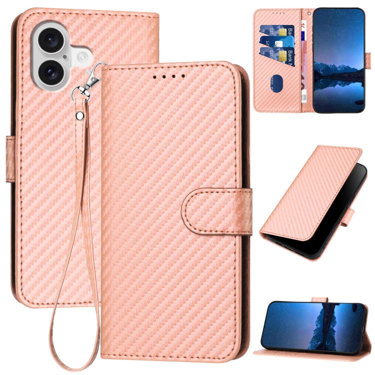 For iPhone 17 YX0070 Carbon Fiber Buckle Leather Phone Case with Lanyard(Pink) - iPhone 17 Cases by buy2fix | Online Shopping UK | buy2fix