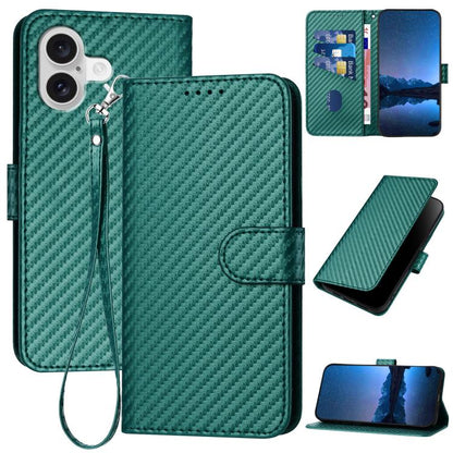 For iPhone 17 YX0070 Carbon Fiber Buckle Leather Phone Case with Lanyard(Dark Green) - iPhone 17 Cases by buy2fix | Online Shopping UK | buy2fix