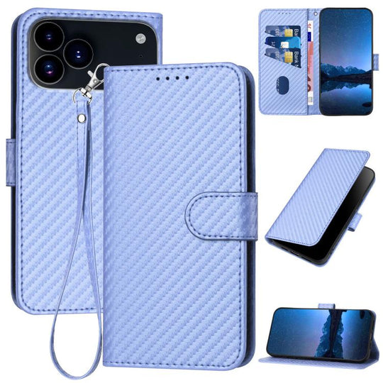 For iPhone 18 Pro Max / 17 Pro Max YX0070 Carbon Fiber Buckle Leather Phone Case with Lanyard(Light Purple)
