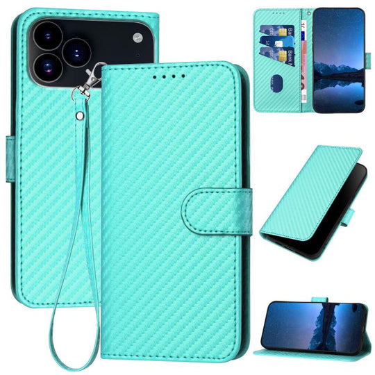 For iPhone 18 Pro / 17 Pro YX0070 Carbon Fiber Buckle Leather Phone Case with Lanyard(Light Blue)