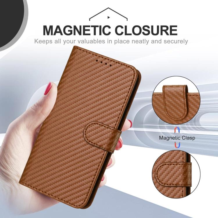 For iPhone 17 Pro YX0070 Carbon Fiber Buckle Leather Phone Case with Lanyard(Coffee) - iPhone 17 Pro Cases by buy2fix | Online Shopping UK | buy2fix