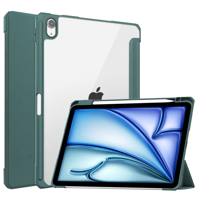 For iPad Air 11 2025 / 2024 Pure Color 3-fold Clear TPU Smart Leather Tablet Case(Dark Green) by buy2fix