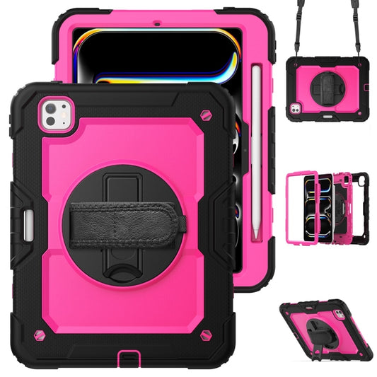 For iPad Pro 11 2025 / 2024 Lucky Wheel Grip Silicone Hybrid PC Tablet Case with Shoulder Strap(Rose Red+Black) by buy2fix