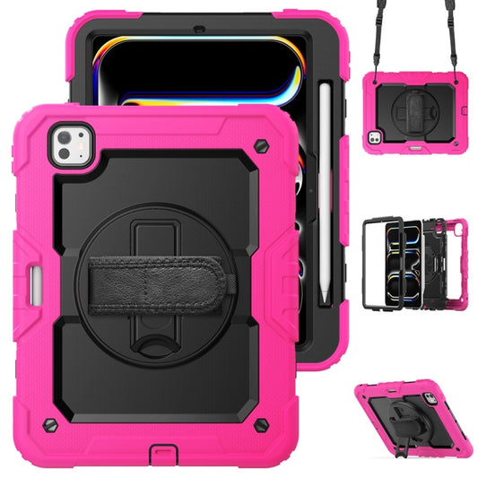 For iPad Pro 11 2025 / 2024 Lucky Wheel Grip Silicone Hybrid PC Tablet Case with Shoulder Strap(Black+Rose Red) by buy2fix