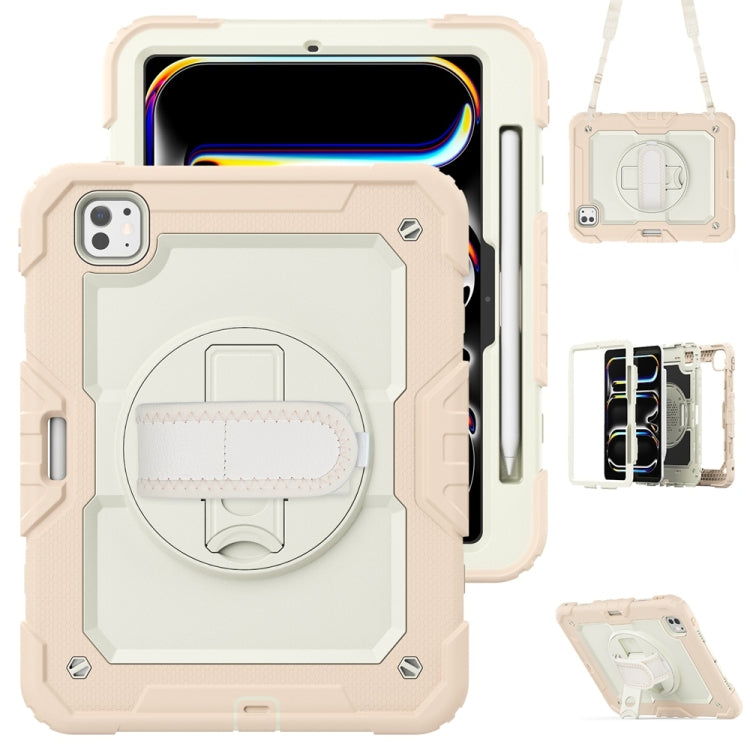 For iPad Pro 11 2025 / 2024 Lucky Wheel Grip Silicone Hybrid PC Tablet Case with Shoulder Strap(Cream+Rose Gold) by buy2fix