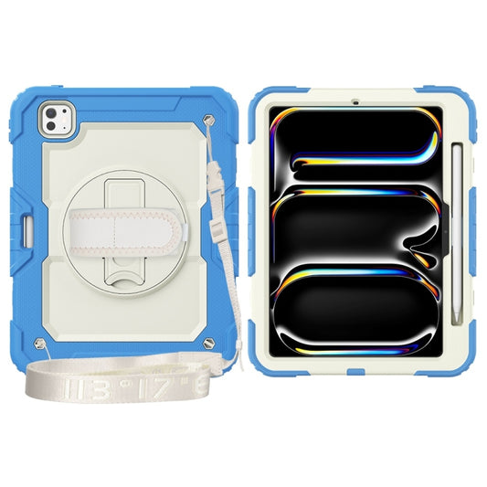 For iPad Pro 11 2025 / 2024 Lucky Wheel Grip Silicone Hybrid PC Tablet Case with Shoulder Strap(Cream+Navy Blue) by buy2fix