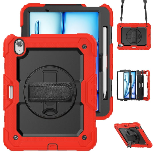 For iPad Air 11 2026 / 2025 / 2024 Lucky Wheel Grip Silicone Hybrid PC Tablet Case with Shoulder Strap(Red+Black)