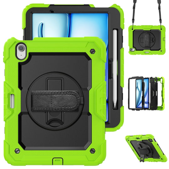 For iPad Air 11 2026 / 2025 / 2024 Lucky Wheel Grip Silicone Hybrid PC Tablet Case with Shoulder Strap(Black+Yellow Green)